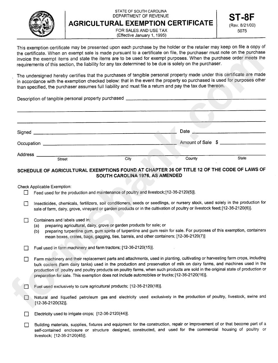 Form St8f Agricultural Exemption Certificate printable