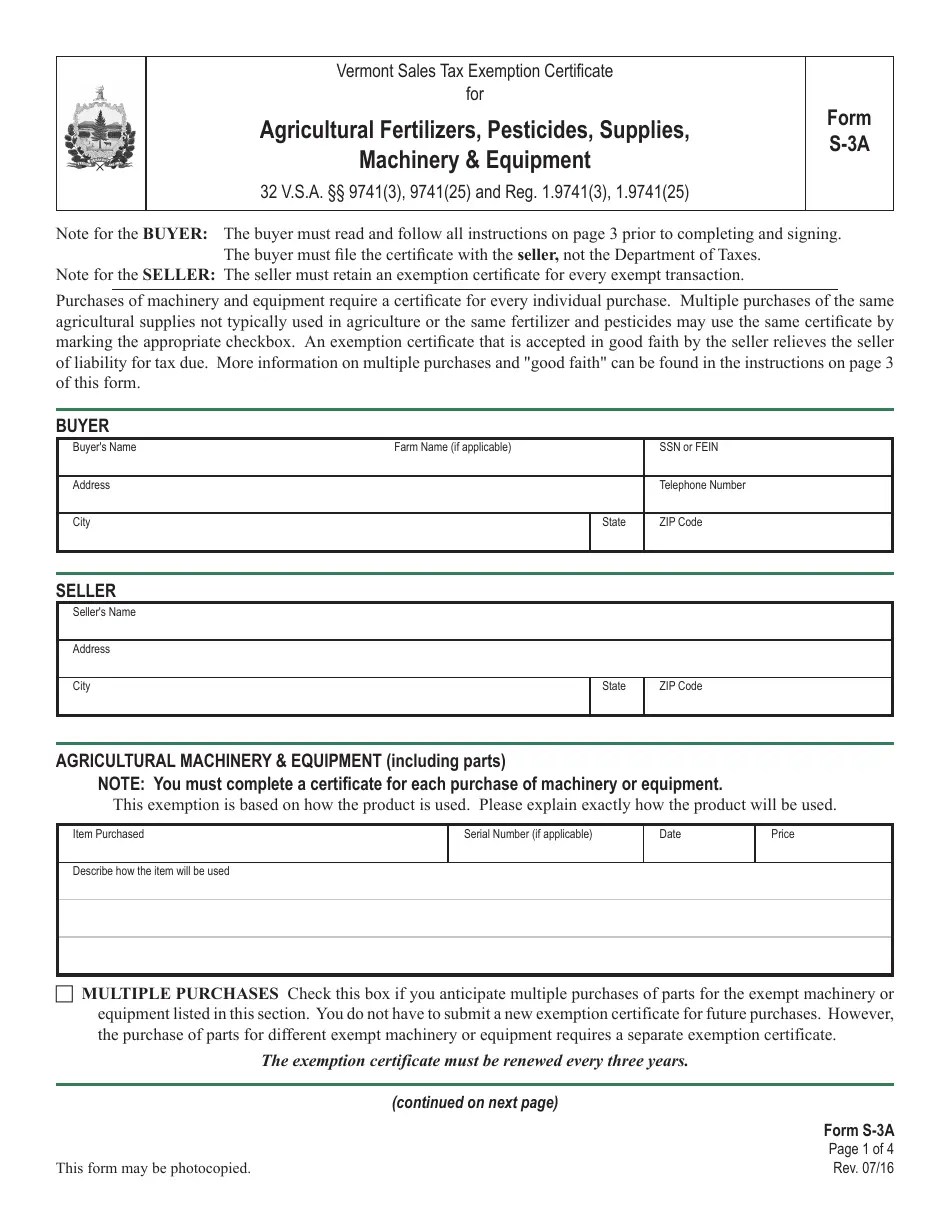 Form S3A Download Printable PDF or Fill Online Vermont